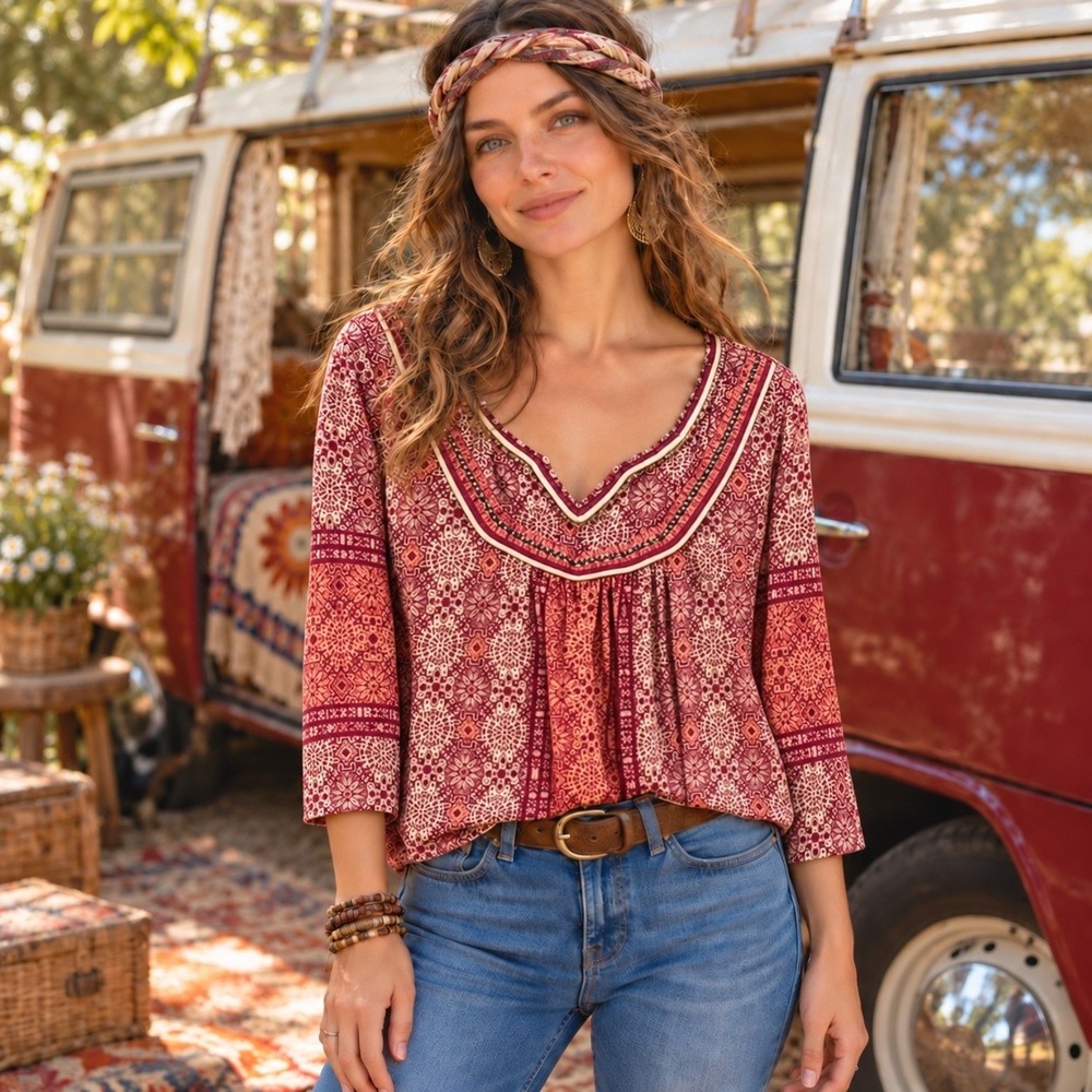 Red Camel Medium Red Burgundy Boho 100% Cotton Embellished 3/4 Sleeve Top